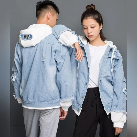 NWT Streetwear Hooded Distressed Denim Jacket with Patches - Size XXL - Picture 2 of 10